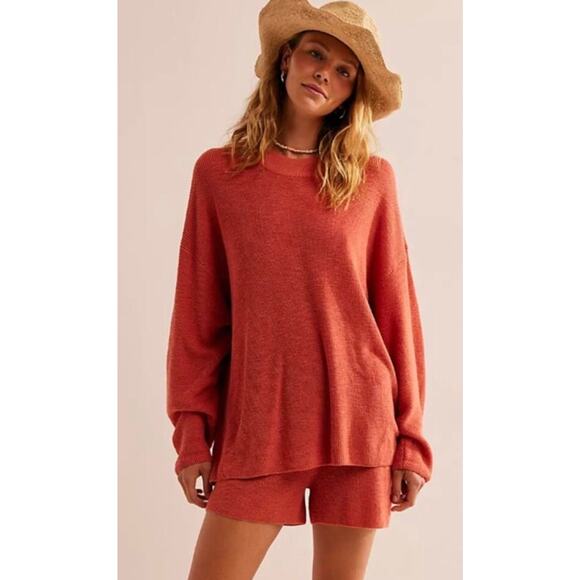 Free People Malibu‎ Surf Sweater XS Oversized Red Orange Fall Slouchy Relaxed - Picture 3 of 16
